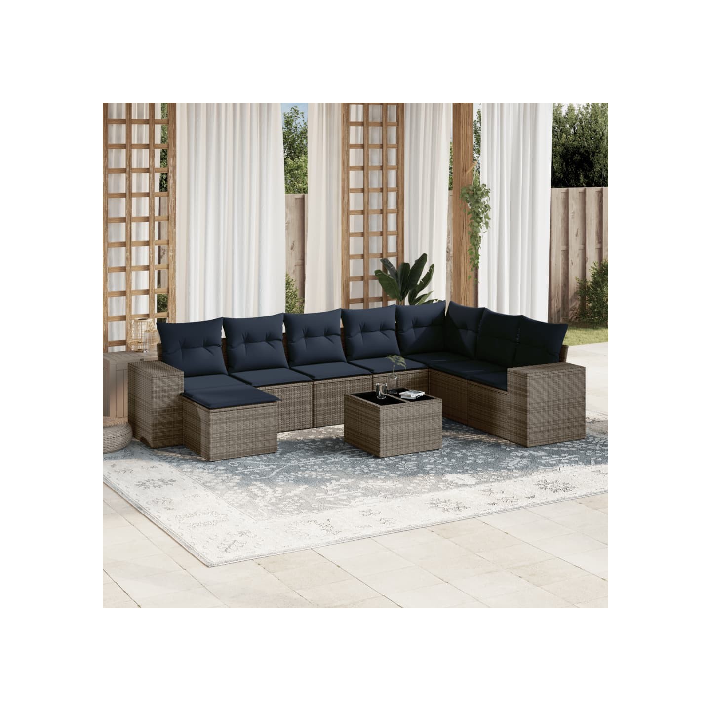 Ensemble de canapé de jardin 9 pcs avec coussins gris résine tressée
