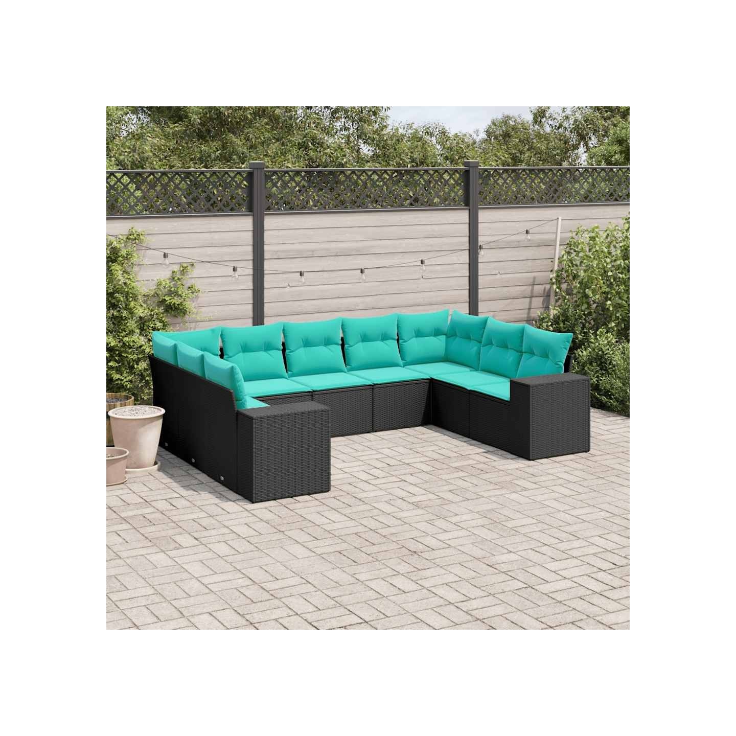 Salon de jardin 9 pcs avec coussins noir résine tressée