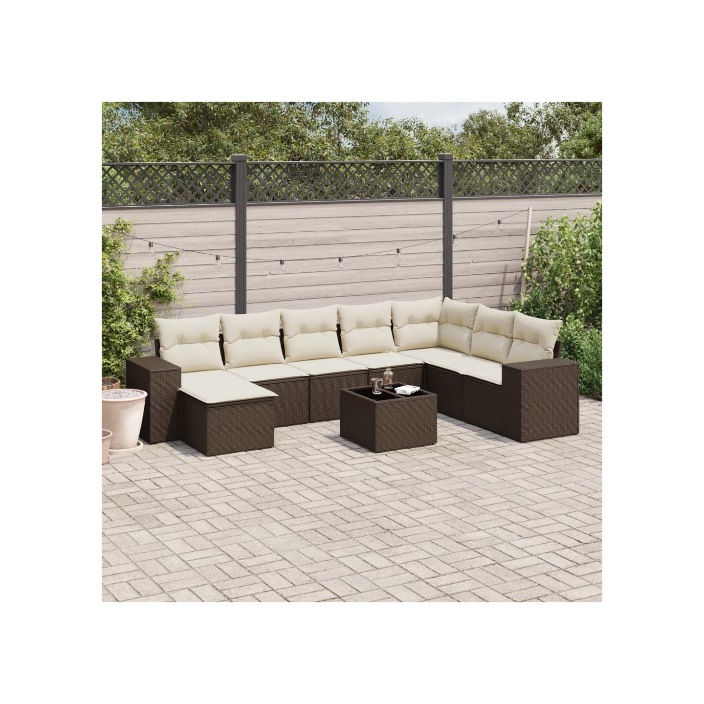 Salon de jardin avec coussins 9 pcs marron résine tressée