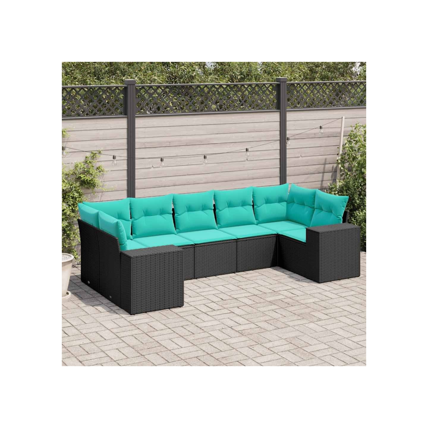 Salon de jardin 7 pcs avec coussins noir résine tressée