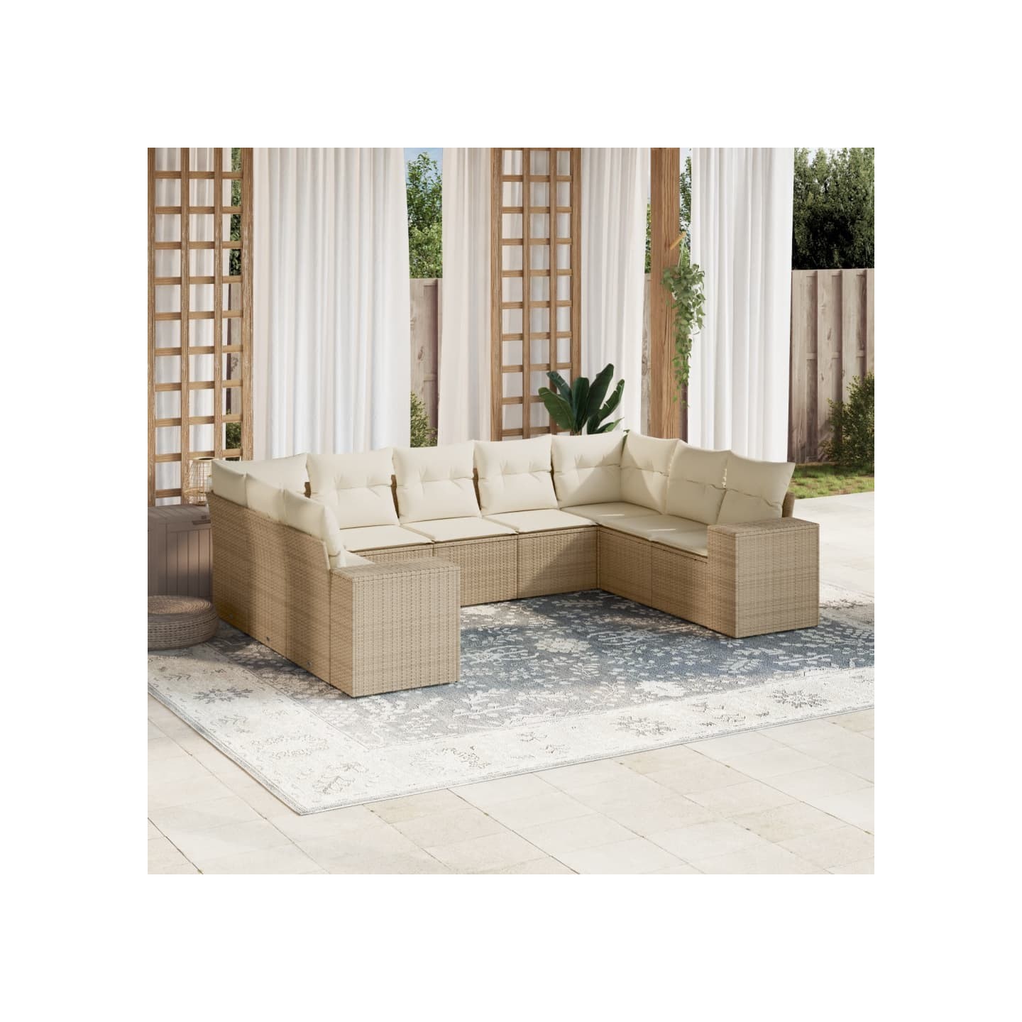 Salon de jardin avec coussins 9 pcs beige résine tressée