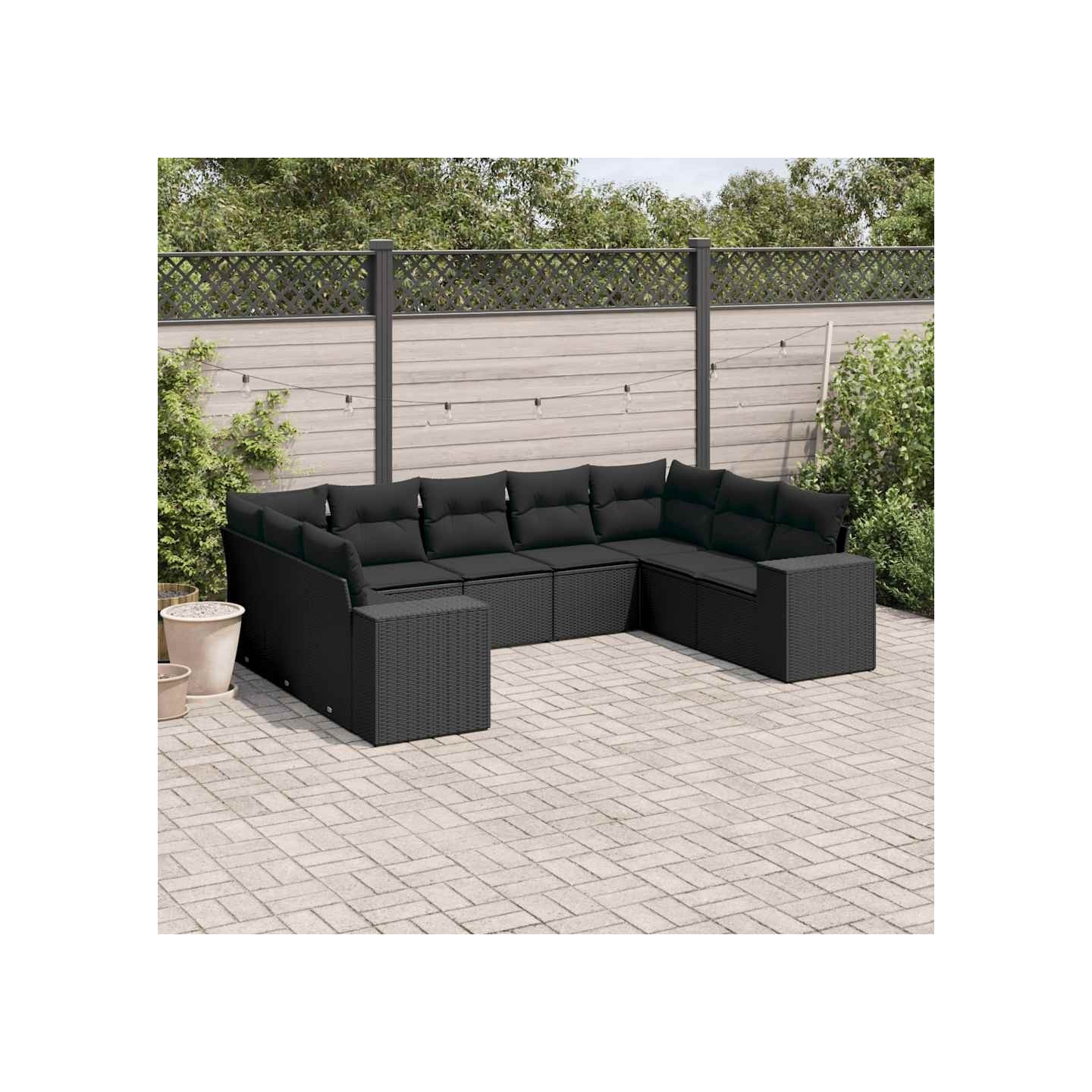 Salon de jardin 9 pcs avec coussins noir résine tressée