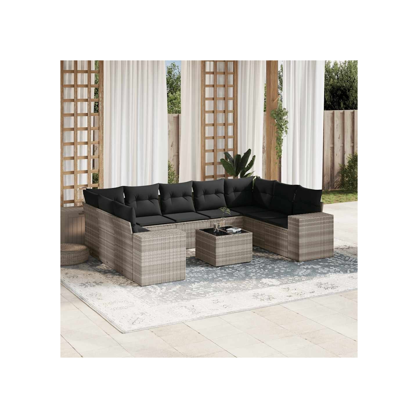 Salon de jardin avec coussins 10 pcs gris clair résine tressée