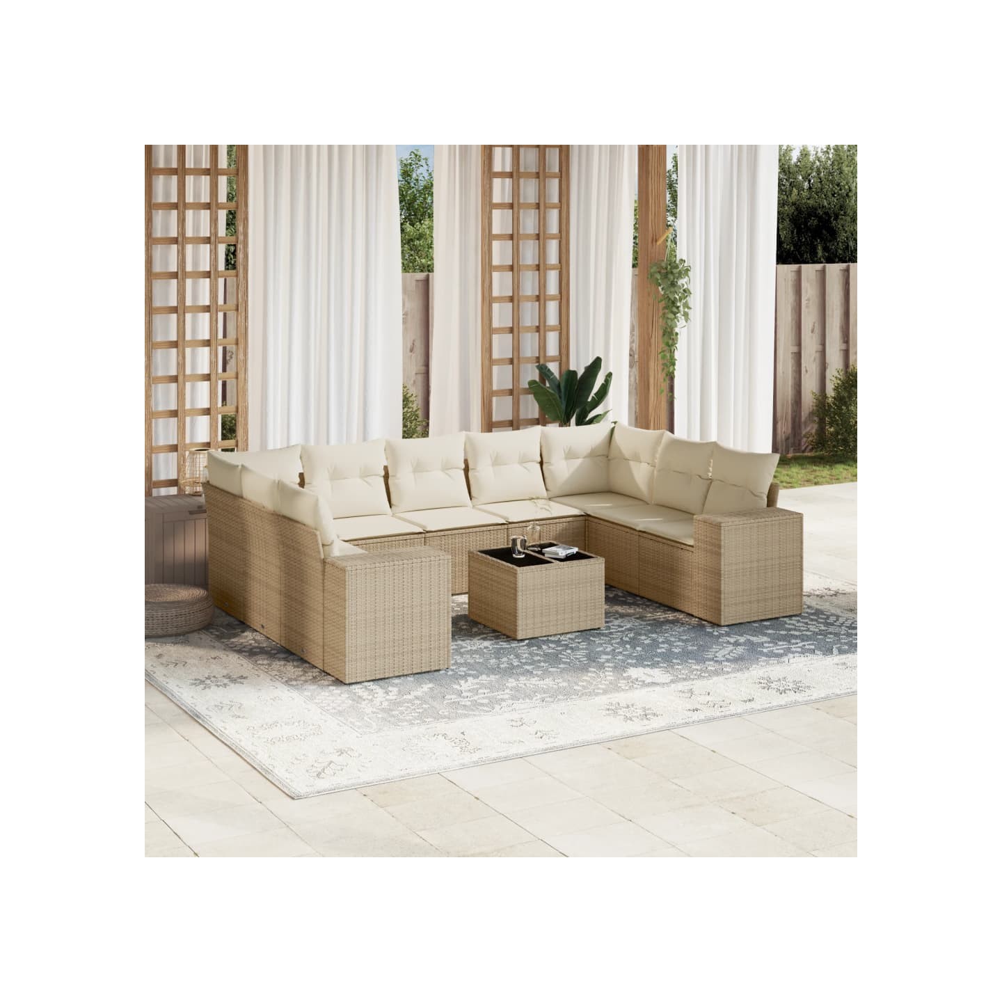 Salon de jardin avec coussins 10 pcs beige résine tressée