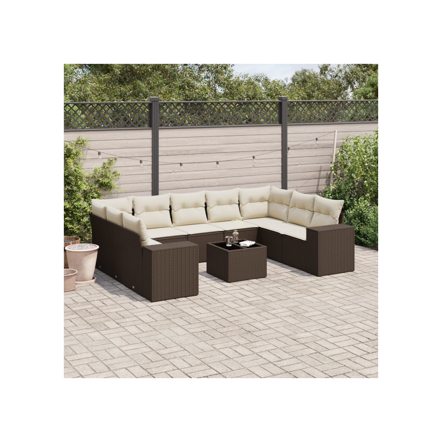 Salon de jardin 10 pcs avec coussins marron résine tressée