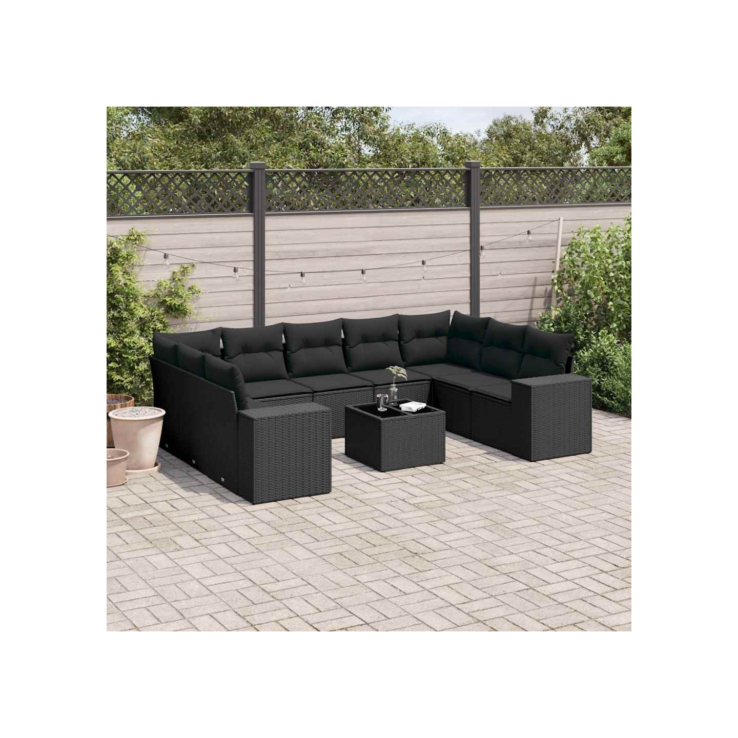 Salon de jardin 10 pcs avec coussins noir résine tressée