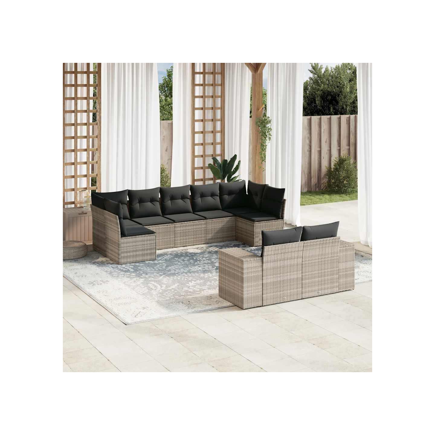 Salon de jardin 9 pcs avec coussins gris clair résine tressée