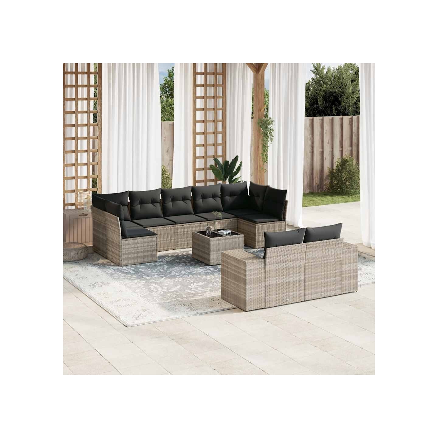 Salon de jardin avec coussins 10 pcs gris clair résine tressée