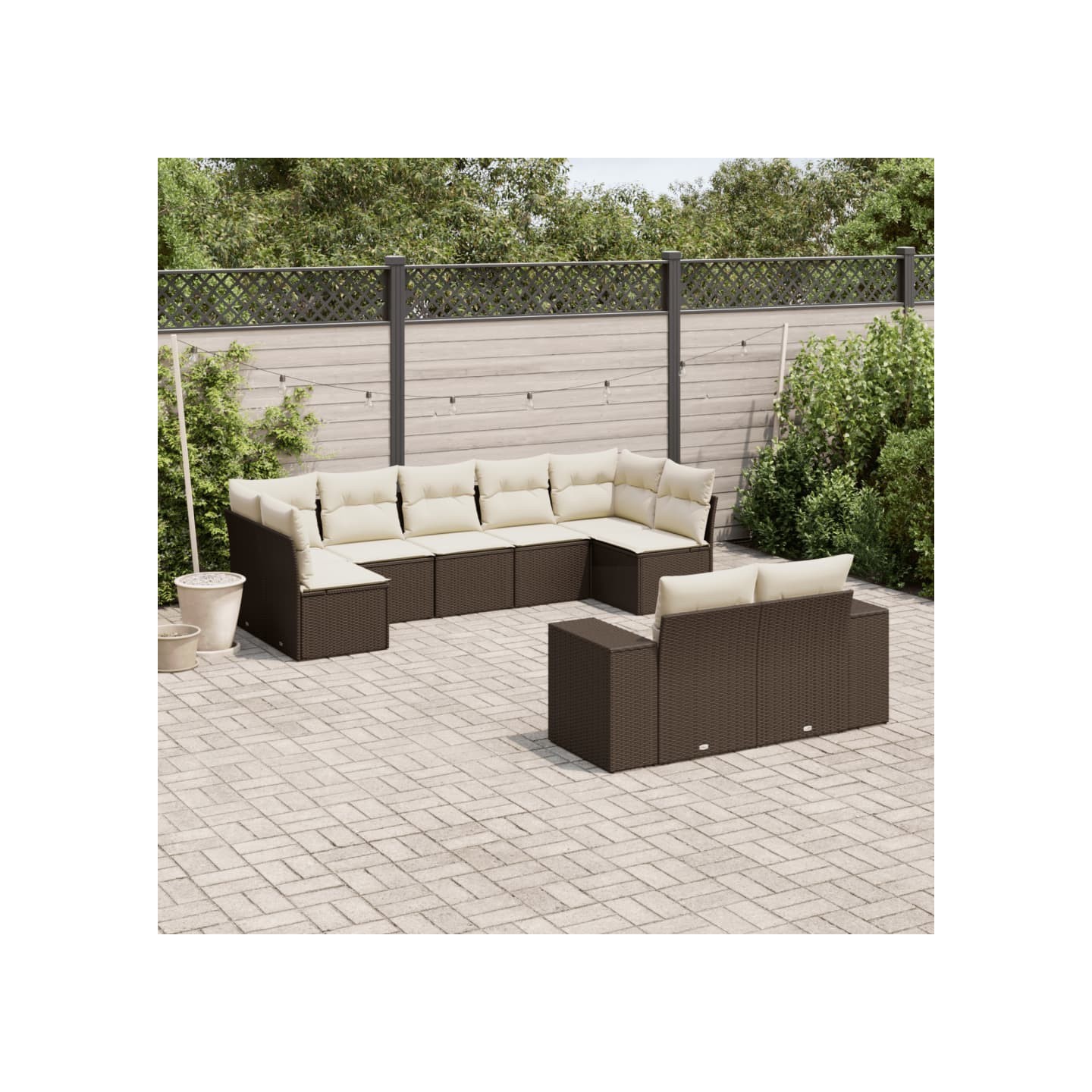 Salon de jardin avec coussins 9 pcs marron résine tressée