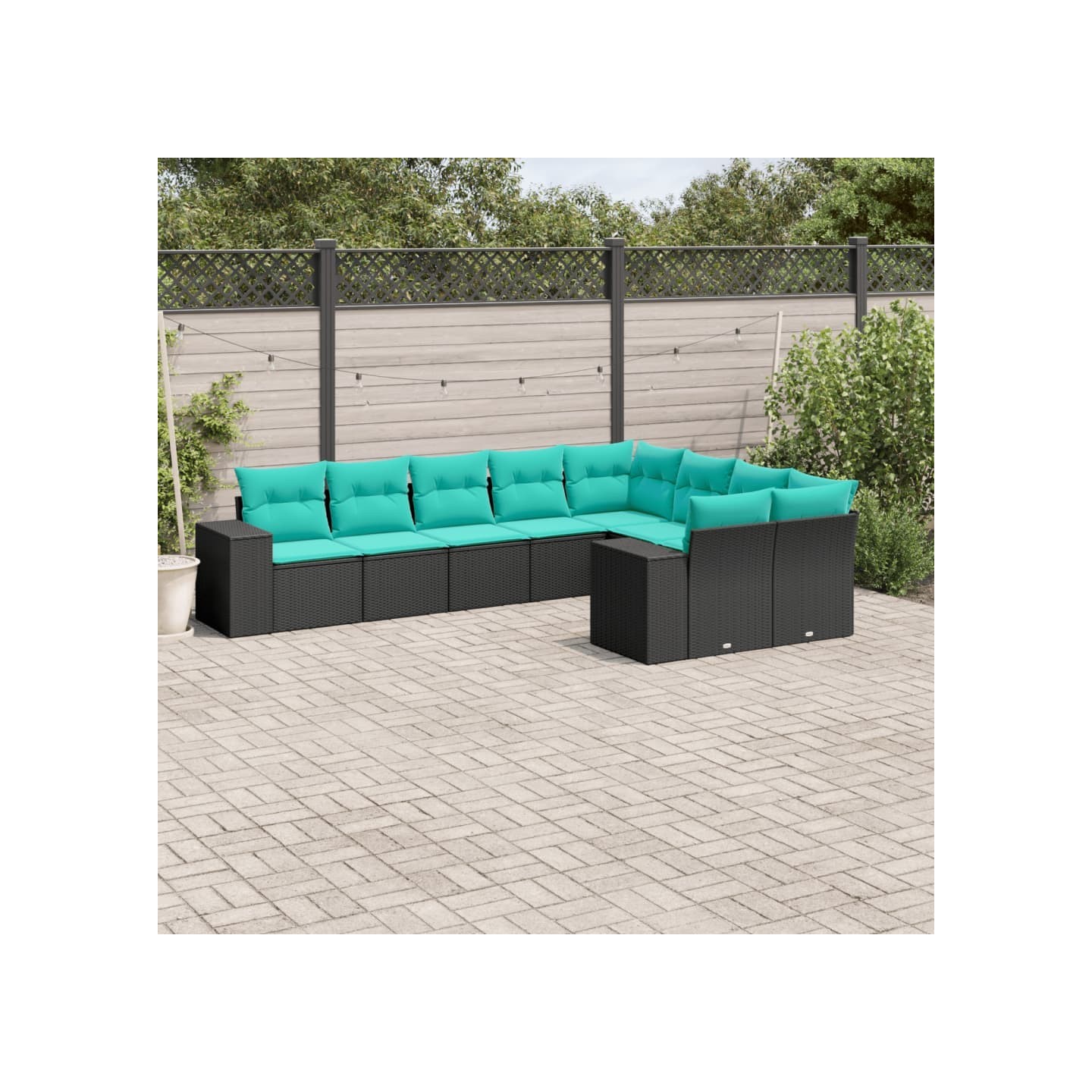 Salon de jardin 9 pcs avec coussins noir résine tressée