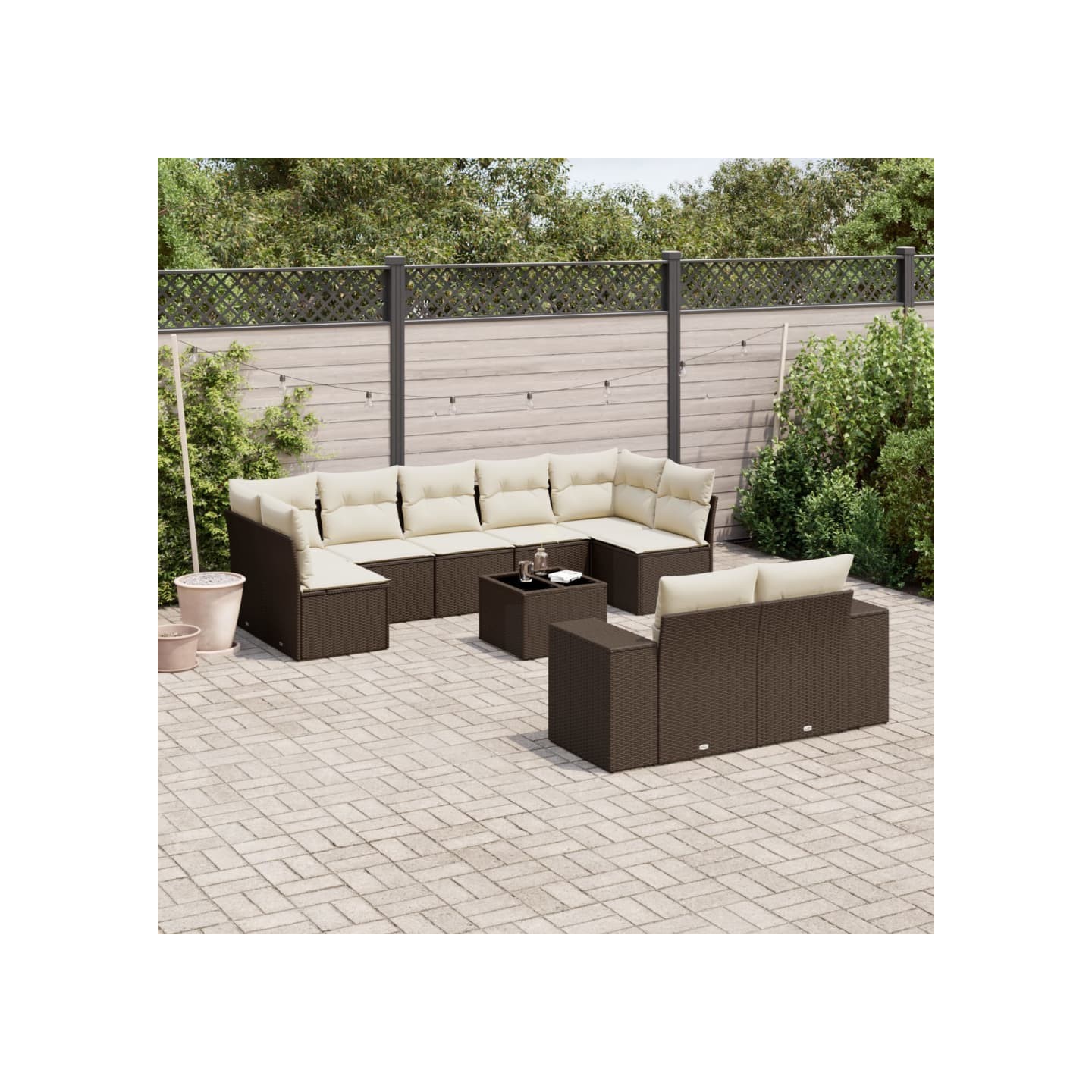 Salon de jardin 10 pcs avec coussins marron résine tressée
