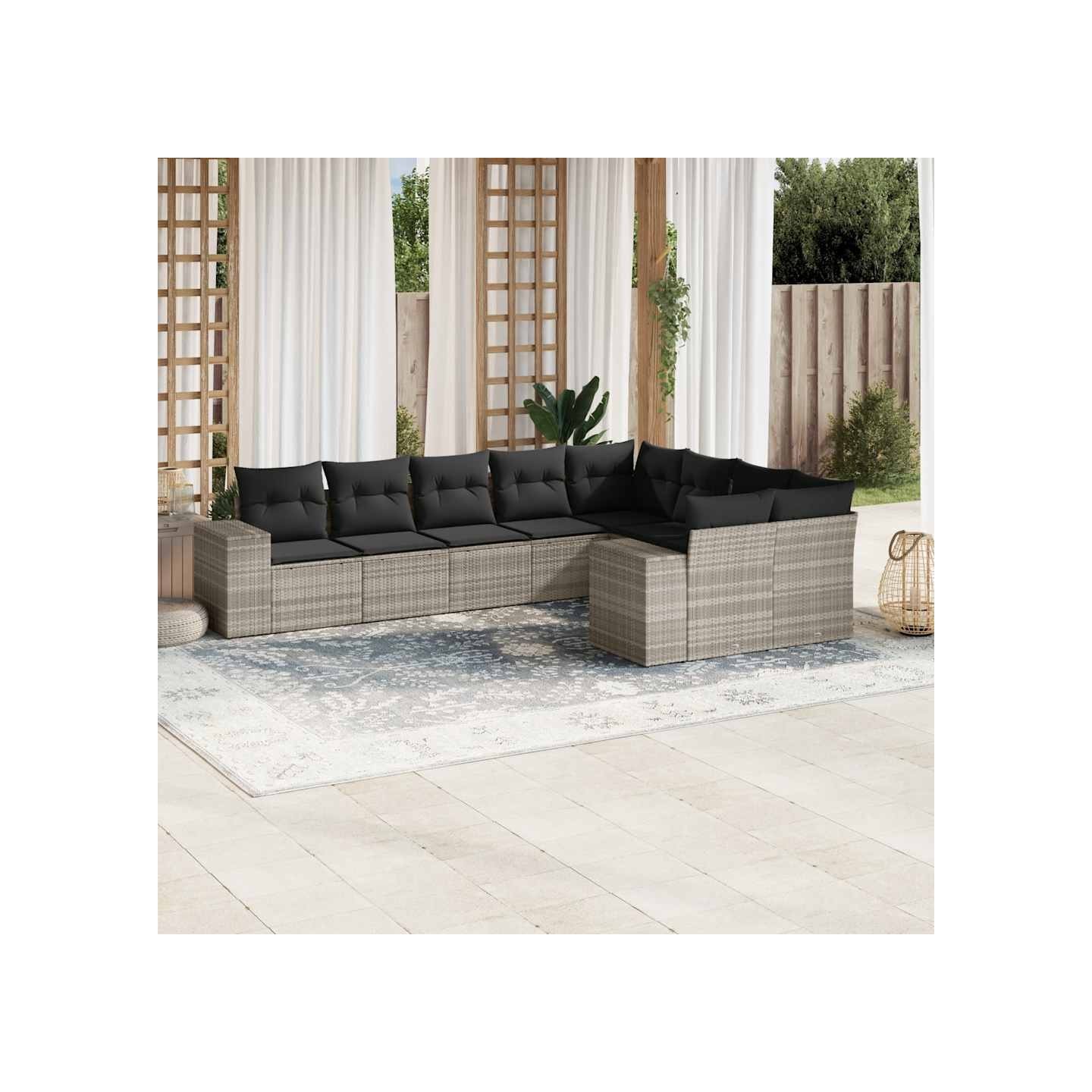 Salon de jardin 9 pcs avec coussins gris clair résine tressée