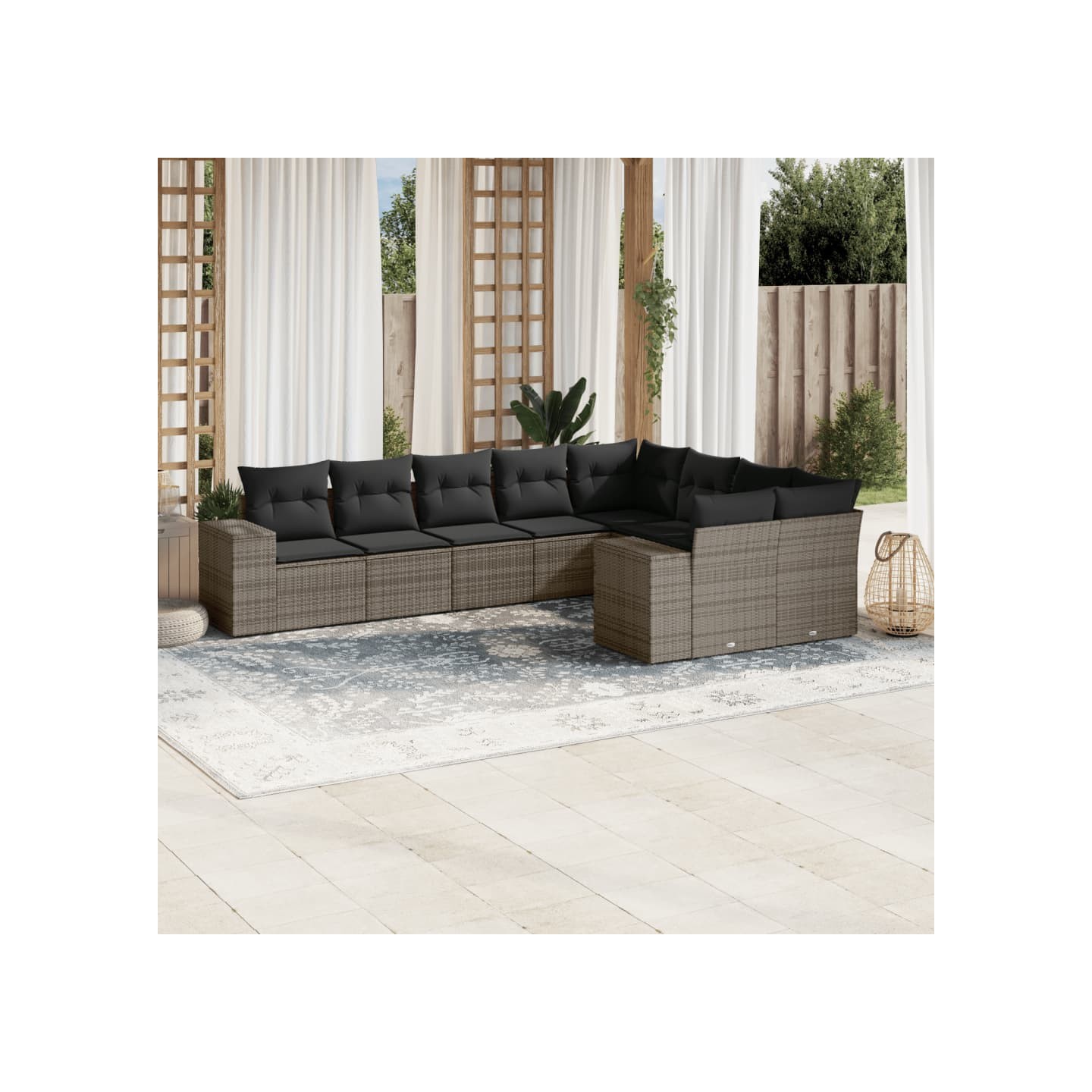 Salon de jardin 9 pcs avec coussins gris résine tressée