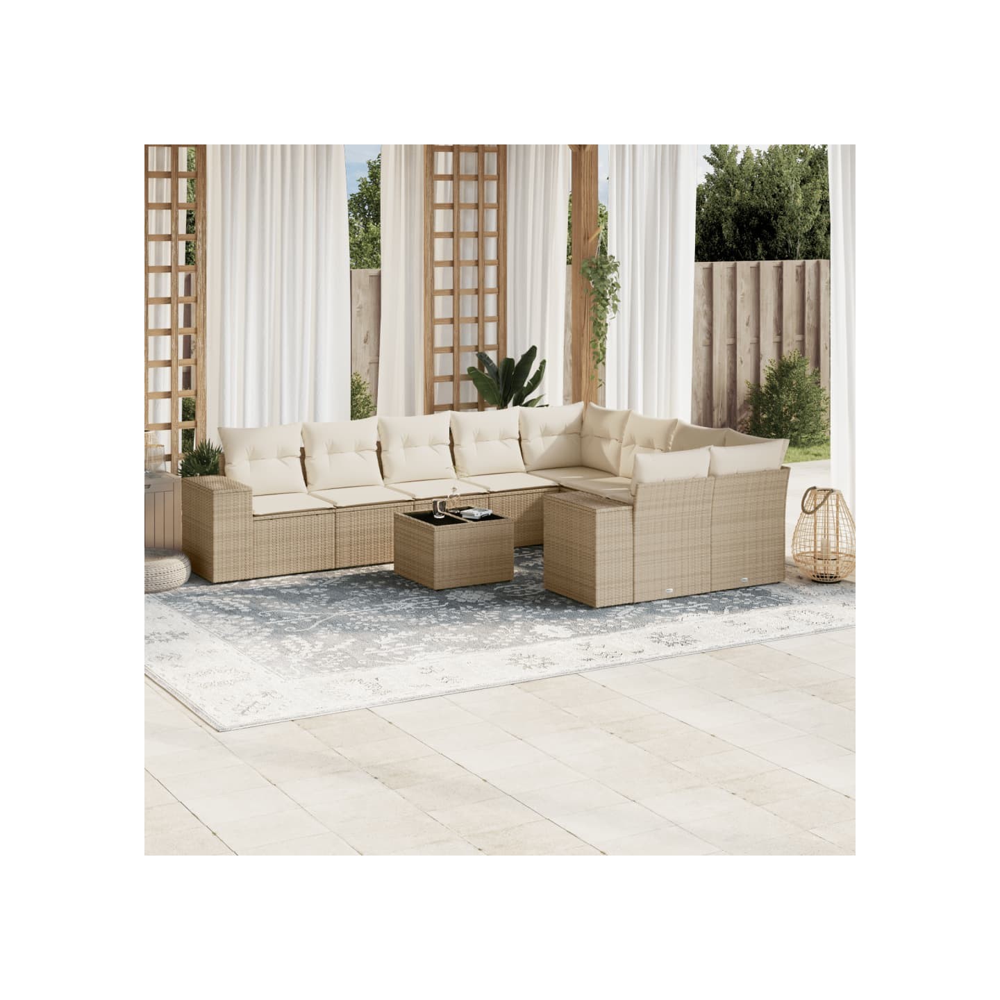 Salon de jardin avec coussins 10 pcs beige résine tressée