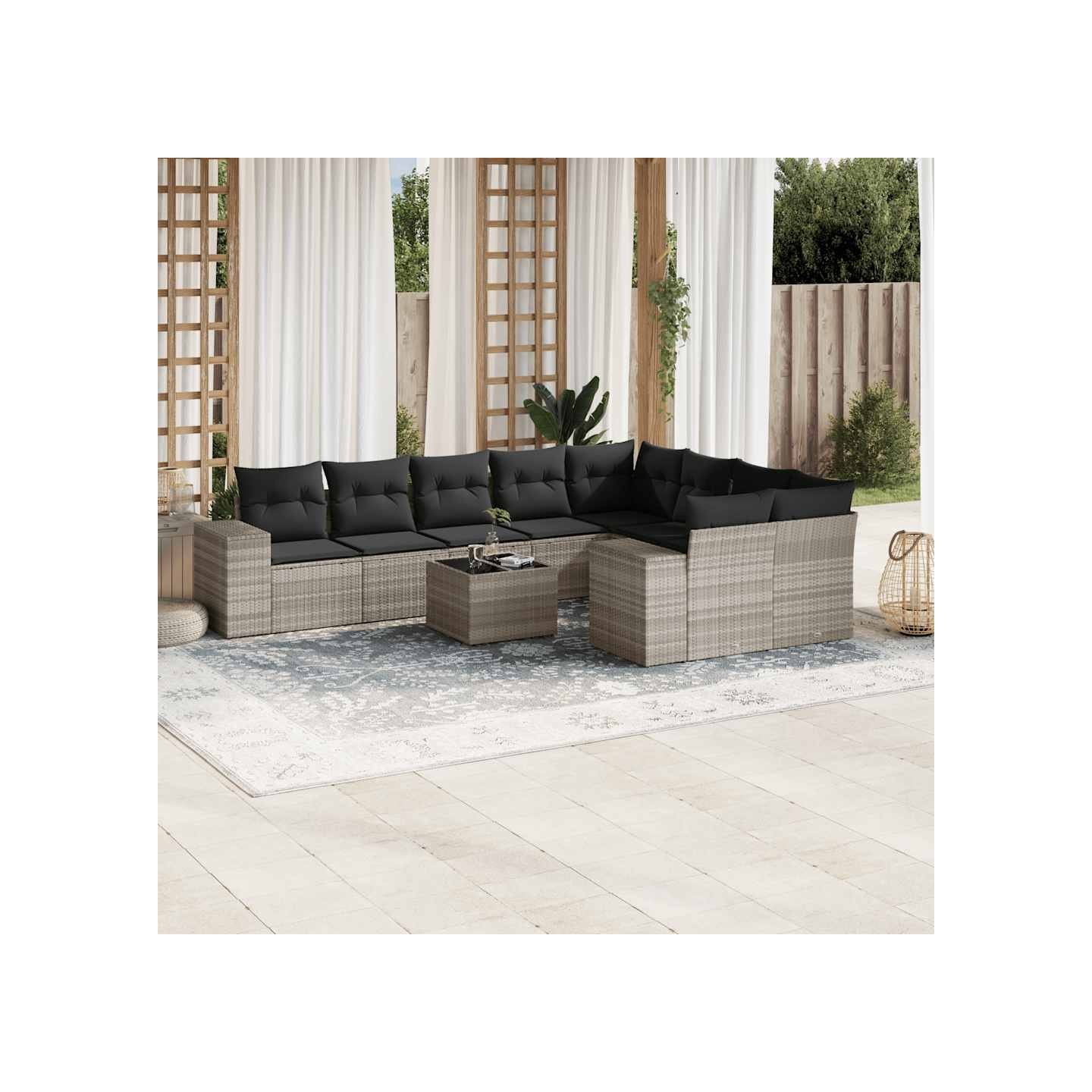 Salon de jardin avec coussins 10 pcs gris clair résine tressée