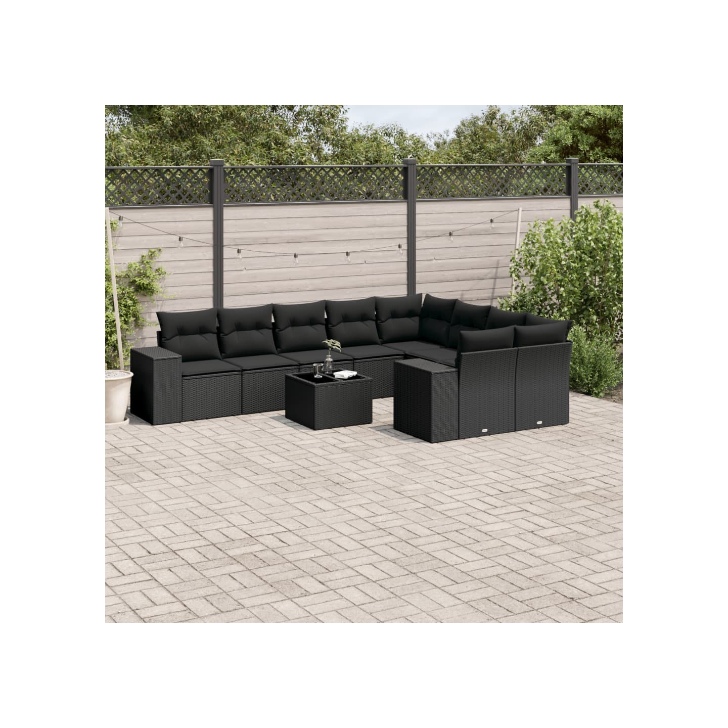 Salon de jardin 10 pcs avec coussins noir résine tressée