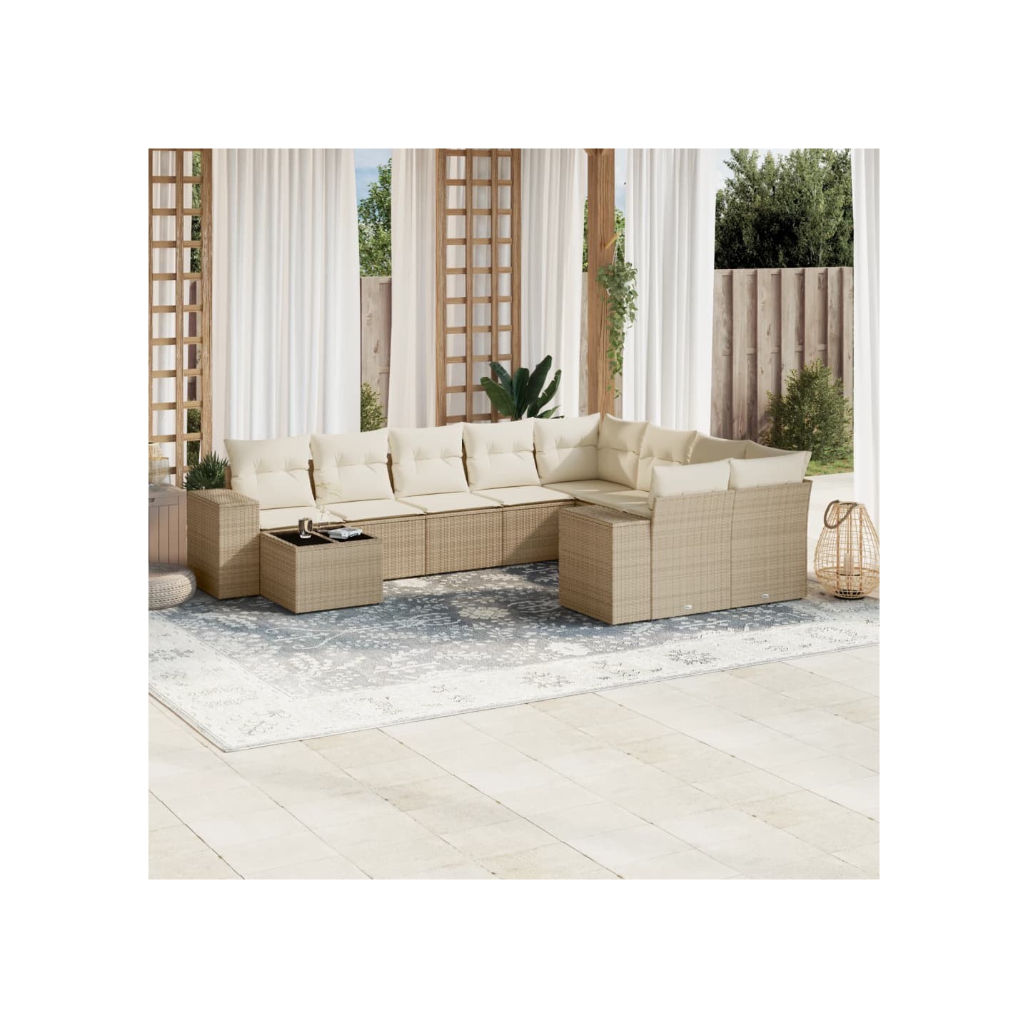 Salon de jardin avec coussins 10 pcs beige résine tressée