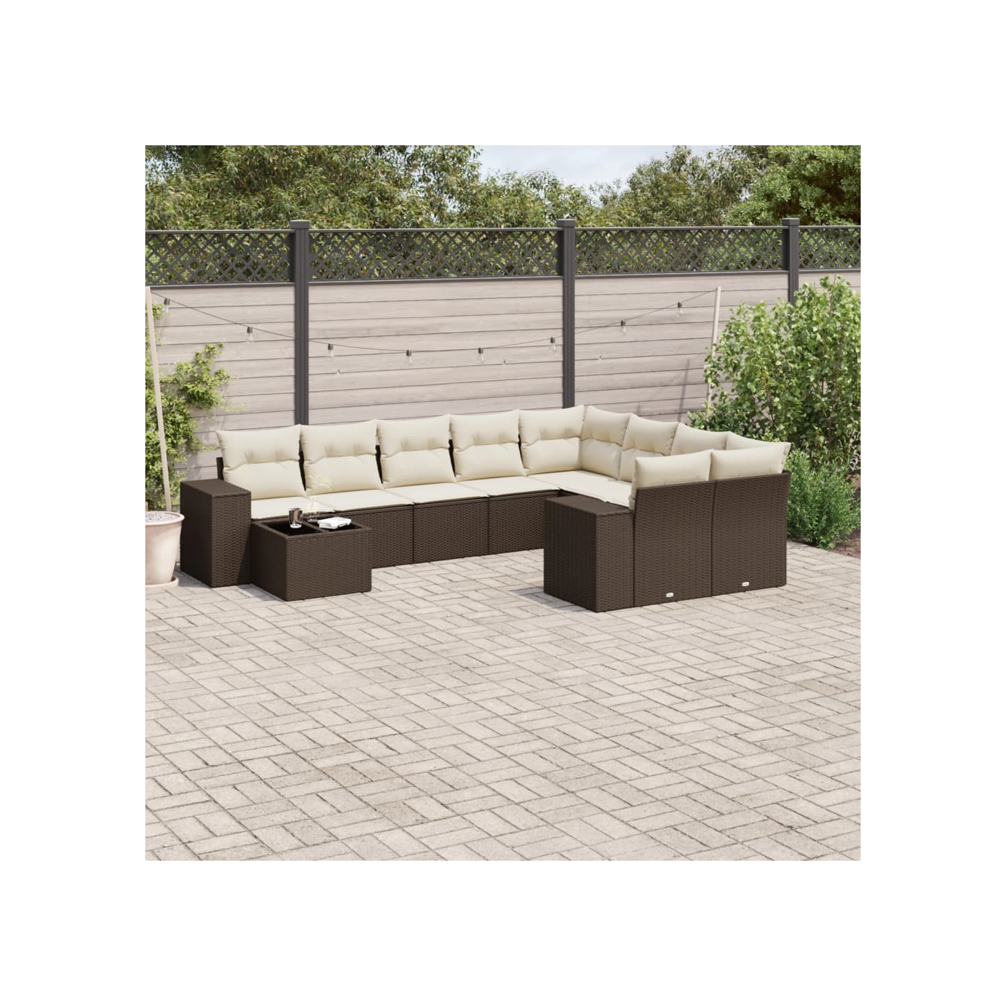 Salon de jardin 10 pcs avec coussins marron résine tressée