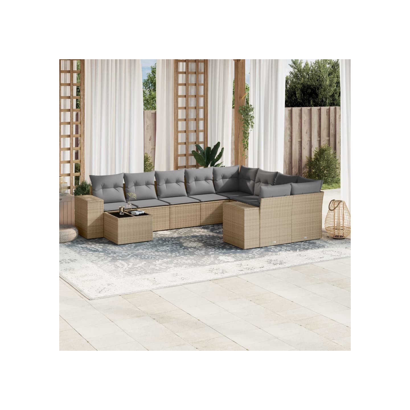 Salon de jardin avec coussins 10 pcs beige résine tressée
