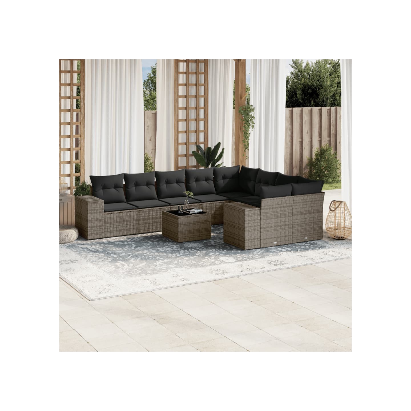 Salon de jardin avec coussins 10 pcs gris résine tressée