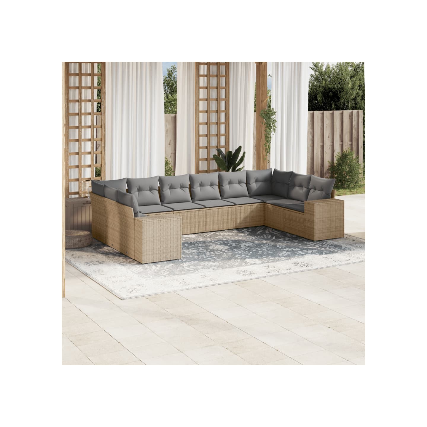 Salon de jardin avec coussins 10 pcs beige résine tressée