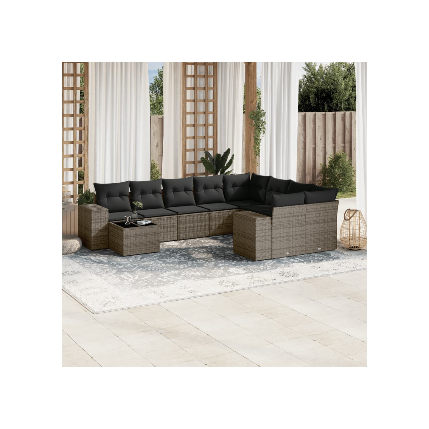 Salon de jardin avec coussins 10 pcs gris résine tressée