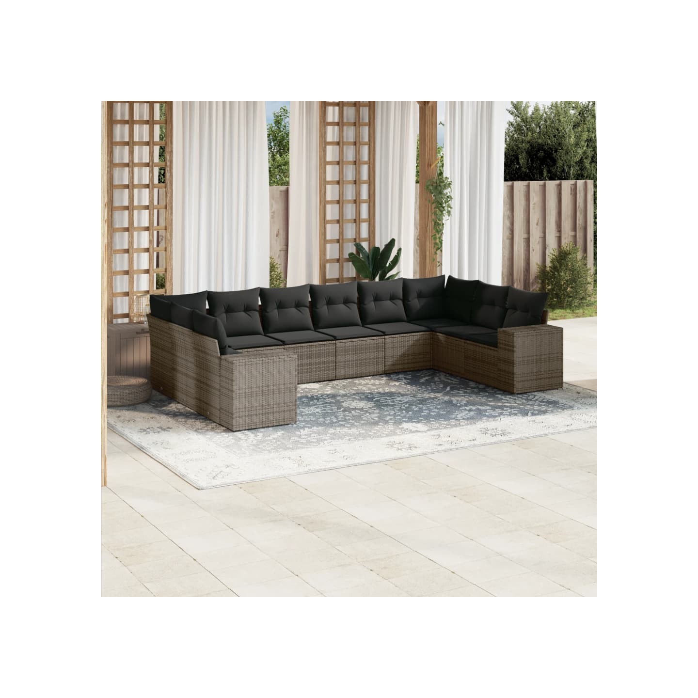 Salon de jardin avec coussins 10 pcs gris résine tressée