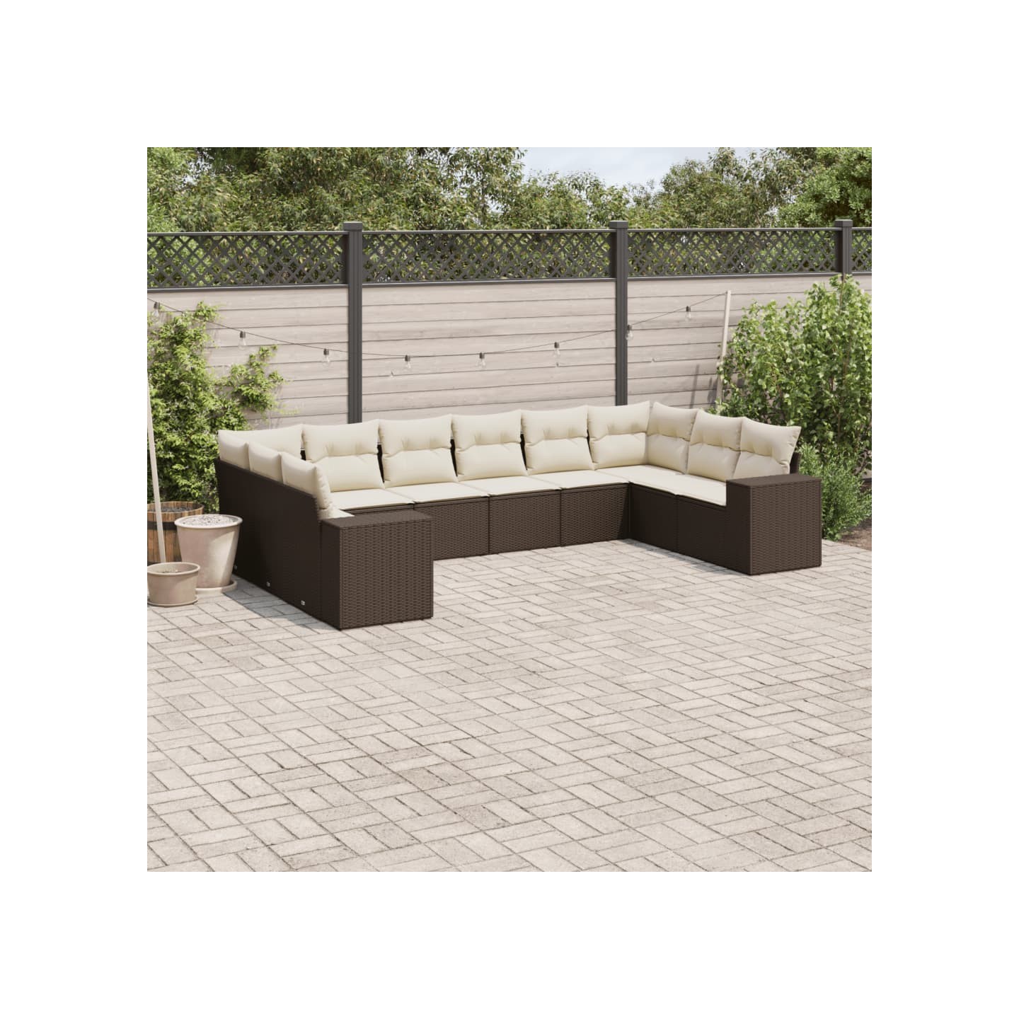 Salon de jardin 10 pcs avec coussins marron résine tressée