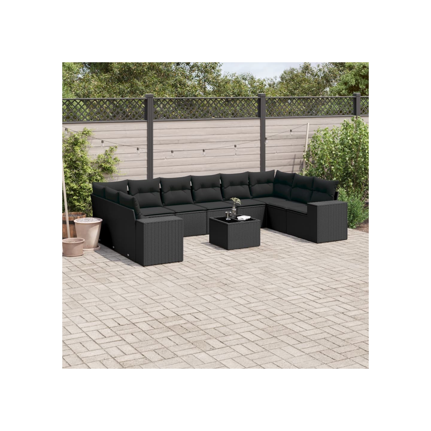 Salon de jardin 11 pcs avec coussins noir résine tressée