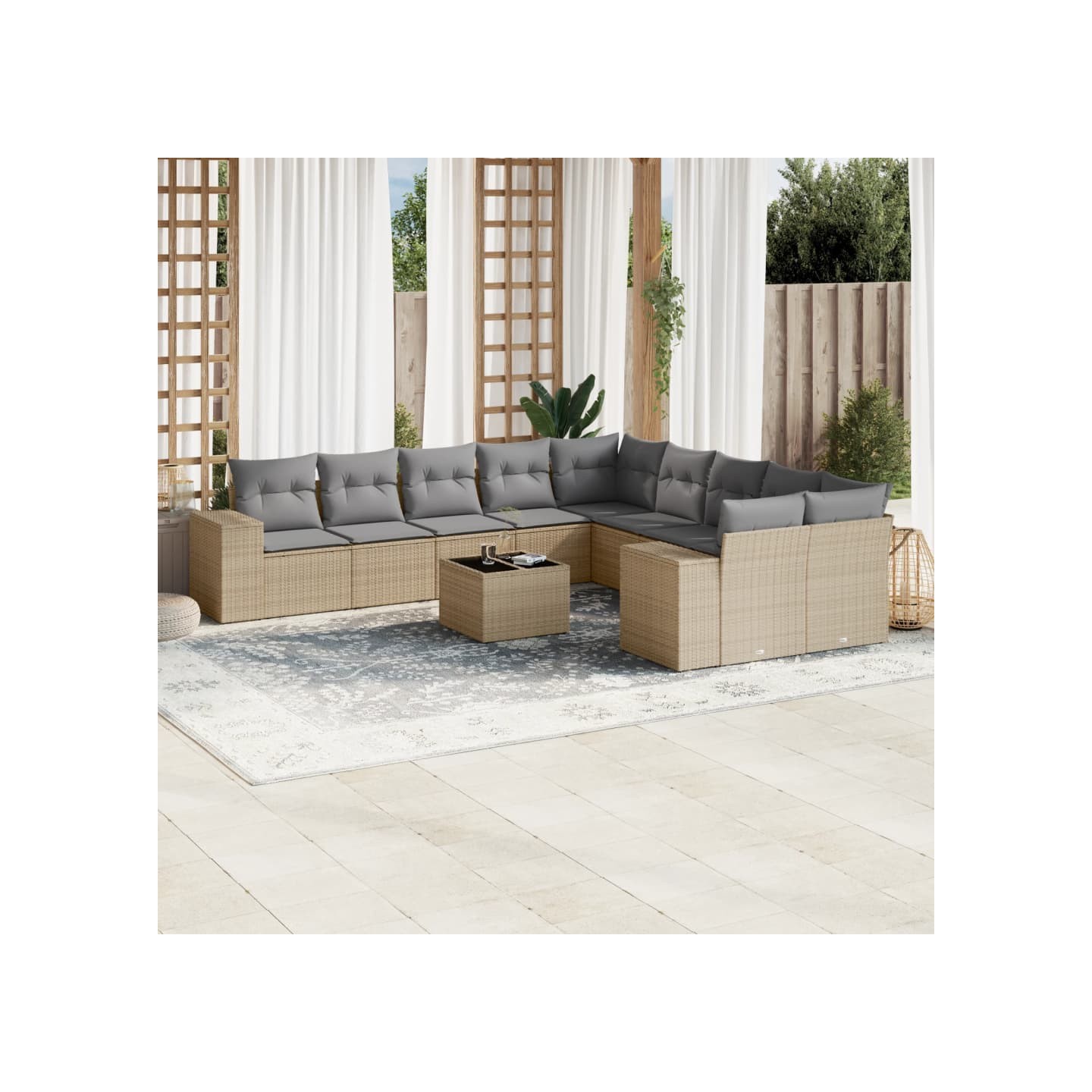 Salon de jardin 11 pcs avec coussins beige résine tressée