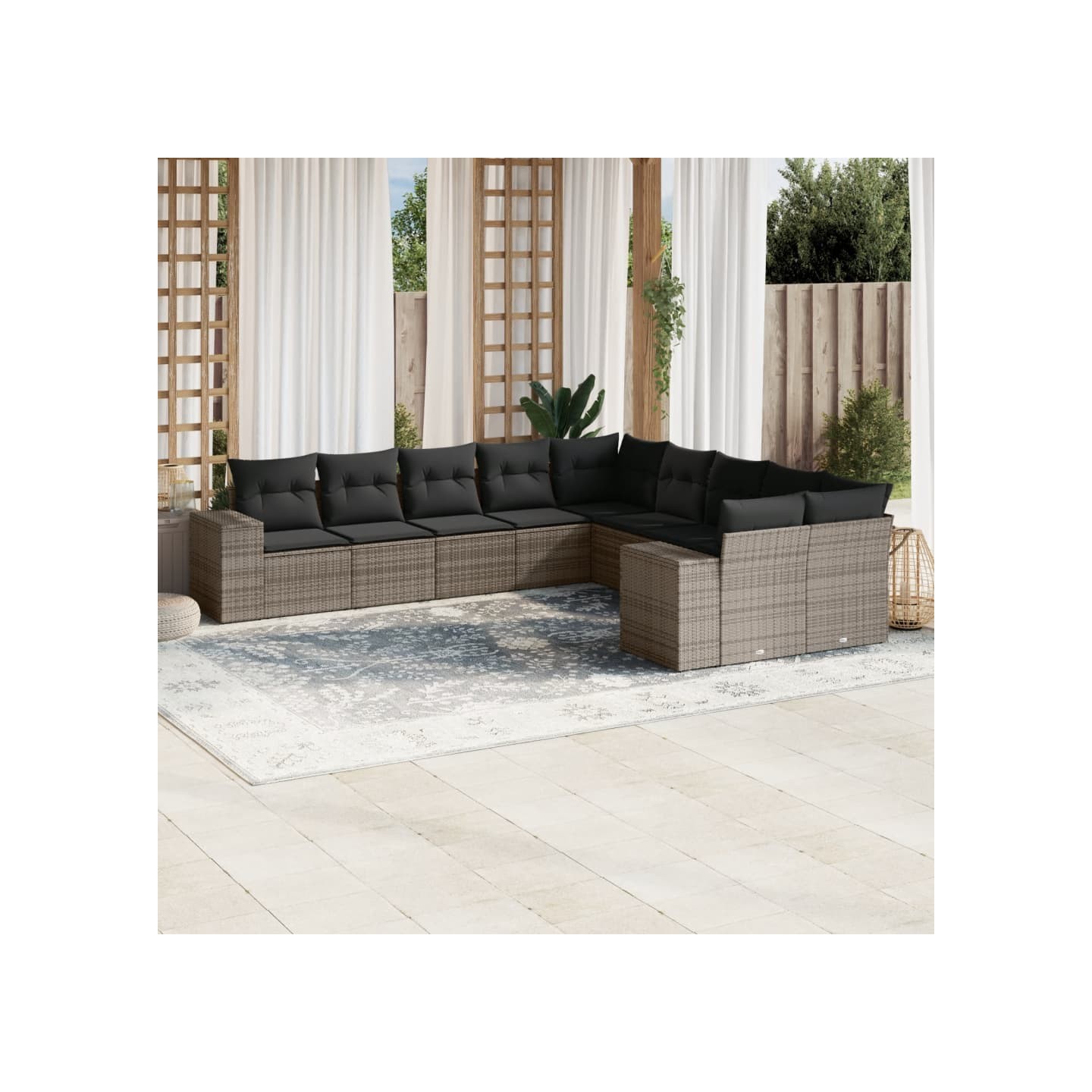 Salon de jardin avec coussins 10 pcs gris résine tressée