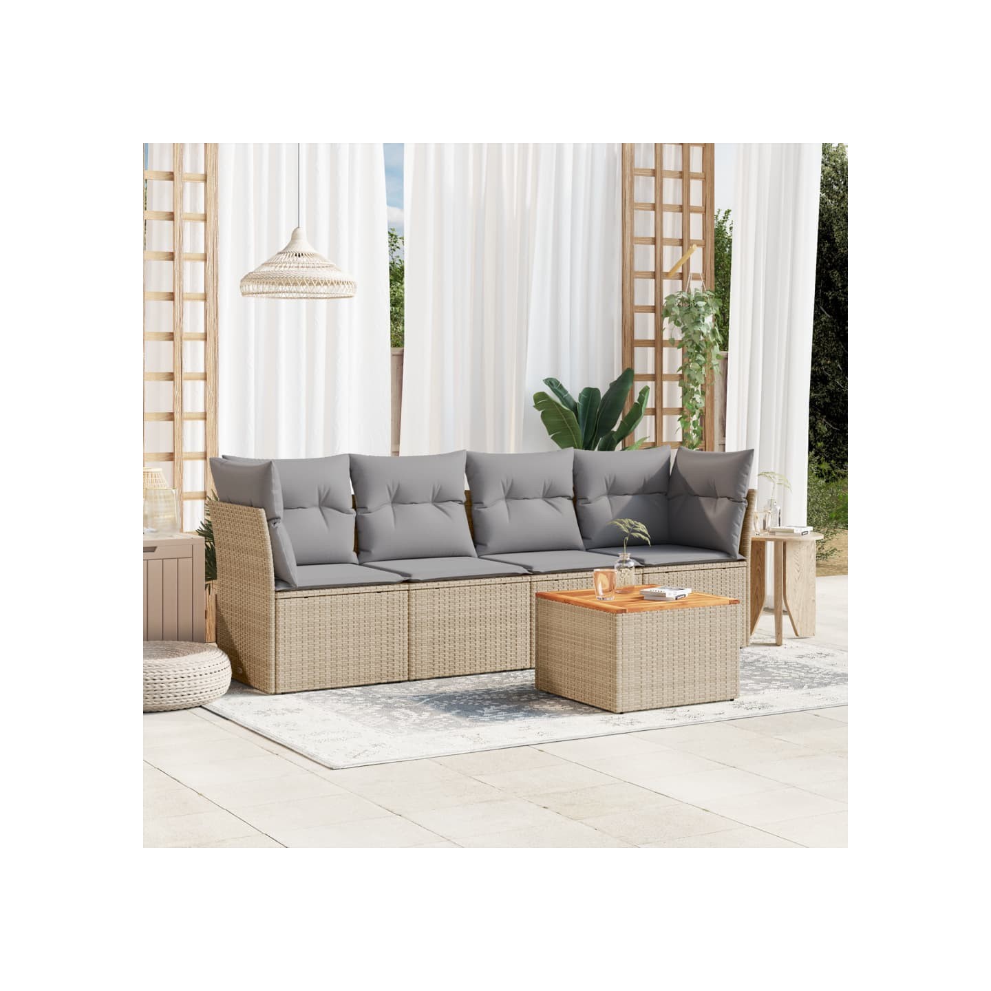 Salon de jardin avec coussins 5 pcs beige résine tressée