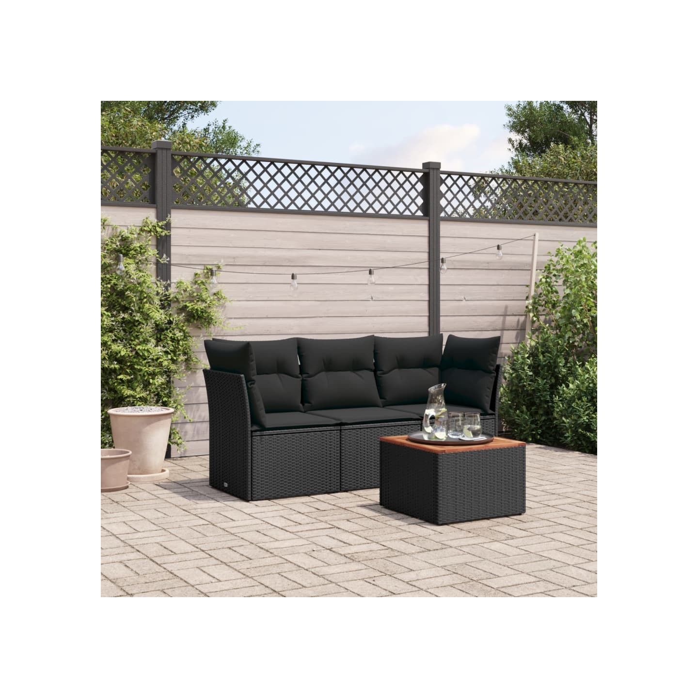 Salon de jardin 4 pcs avec coussins noir résine tressée
