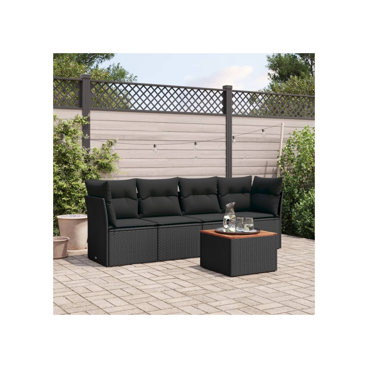 Salon de jardin 5 pcs avec coussins noir résine tressée