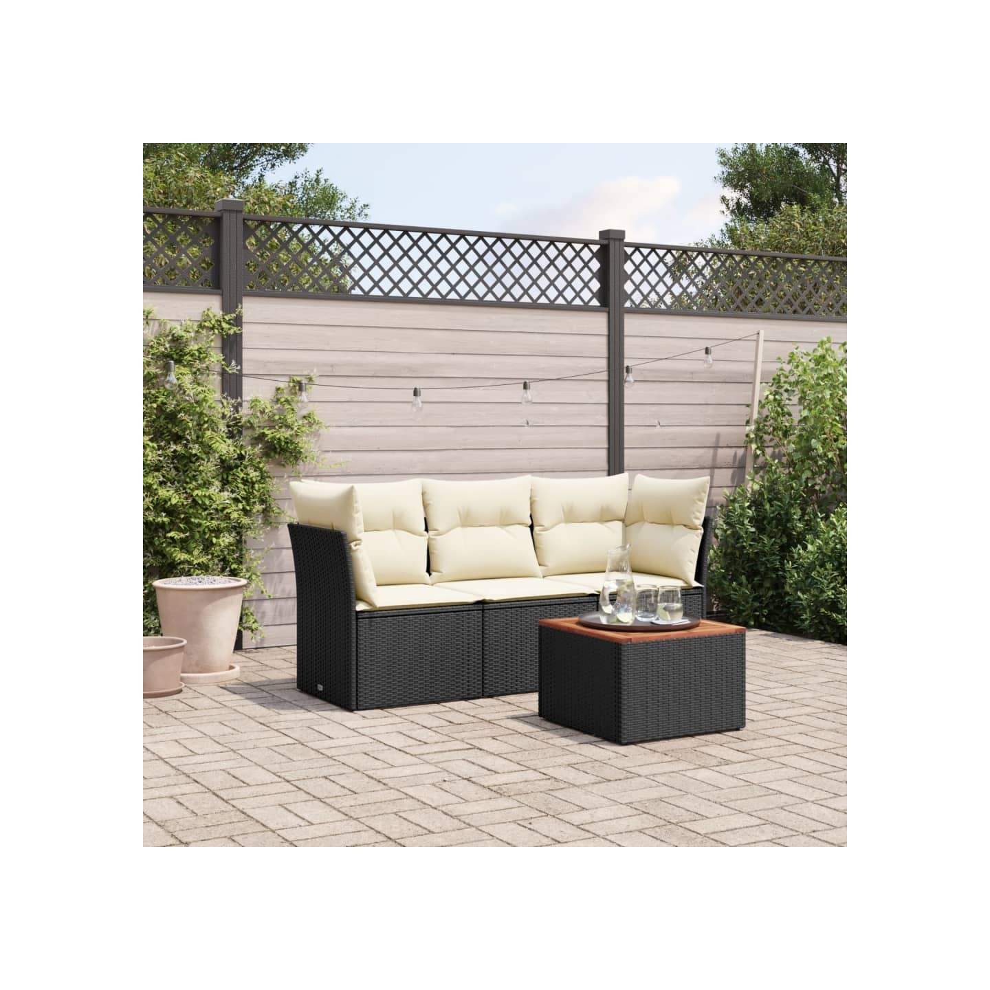 Salon de jardin 4 pcs avec coussins noir résine tressée
