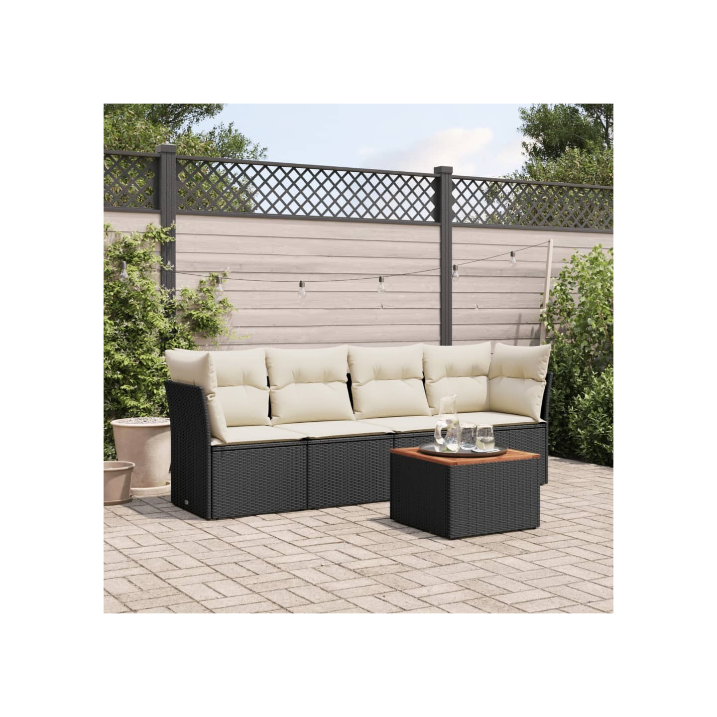 Salon de jardin 5 pcs avec coussins noir résine tressée