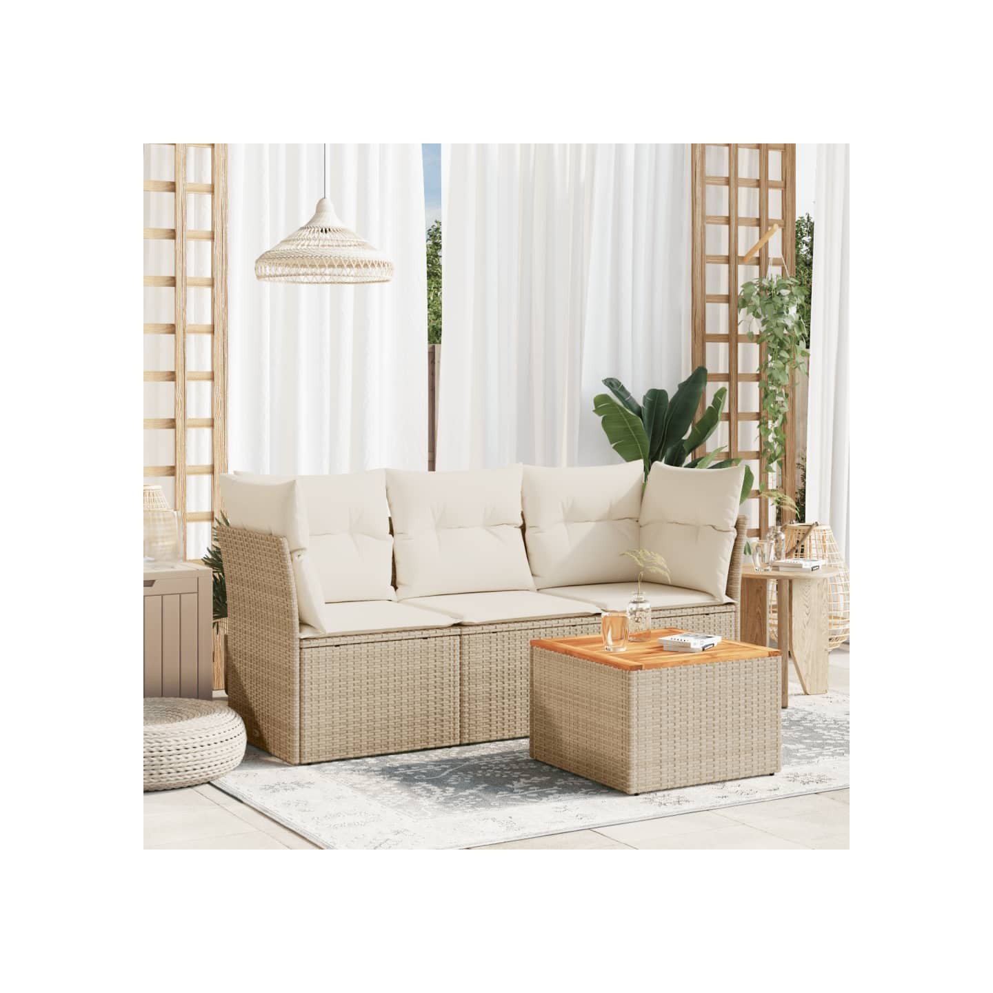 Salon de jardin avec coussins 4 pcs beige résine tressée