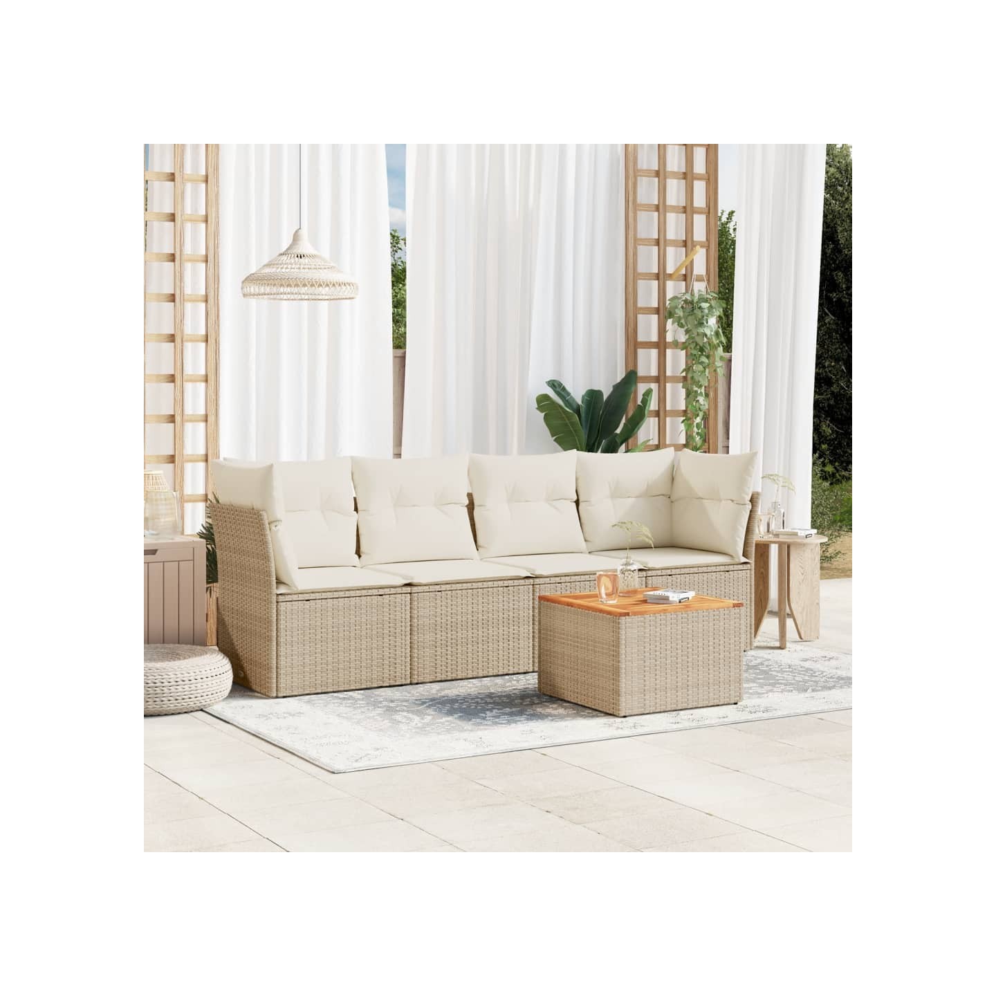 Salon de jardin avec coussins 5 pcs beige résine tressée