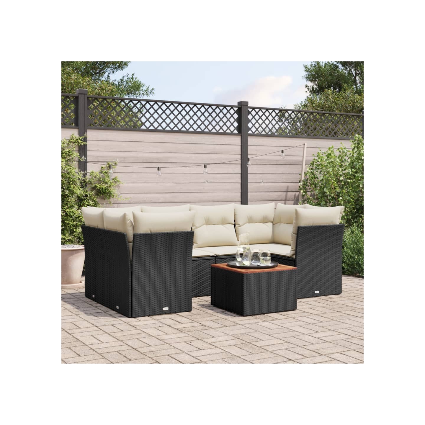 Salon de jardin 7 pcs avec coussins noir résine tressée