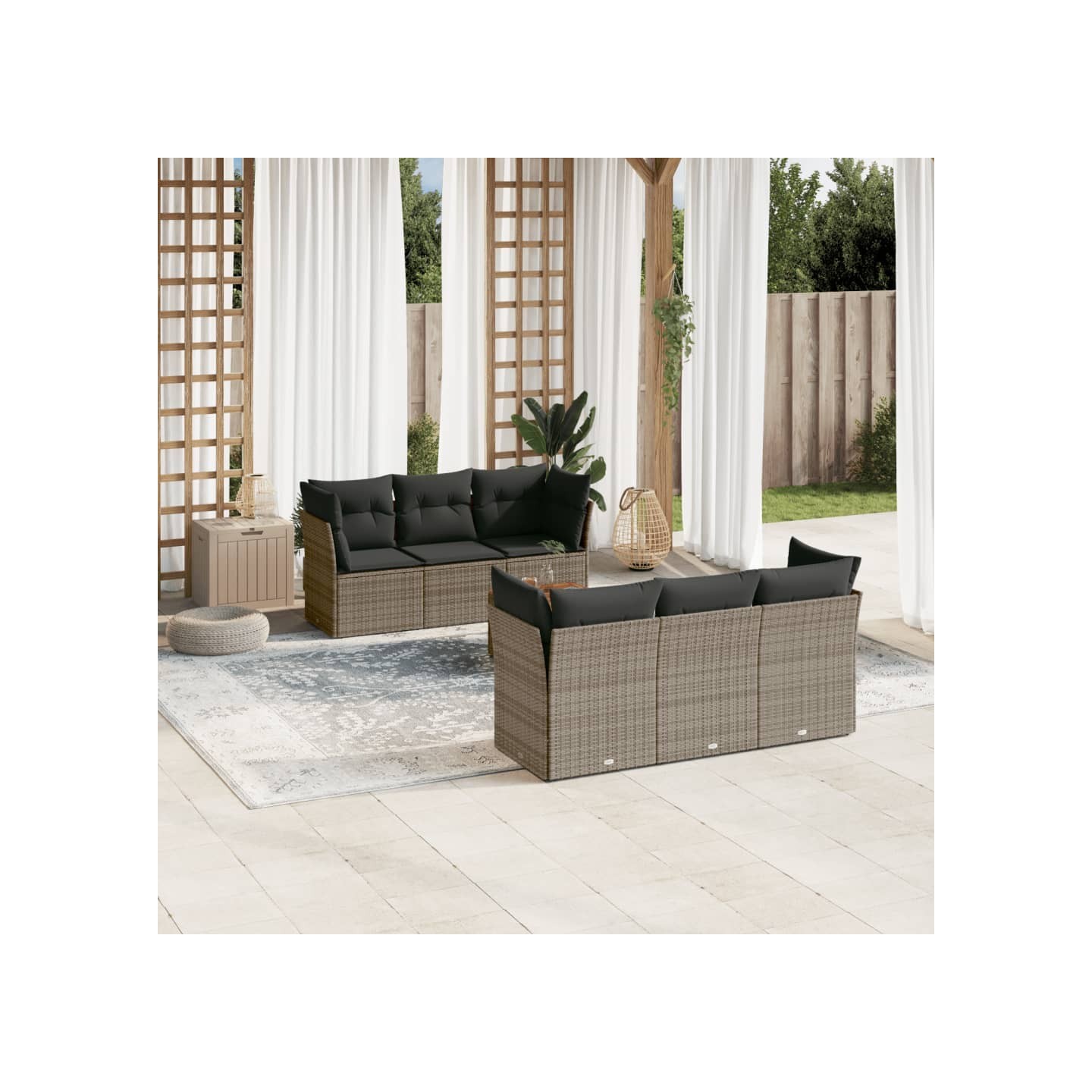 Salon de jardin avec coussins 7 pcs gris résine tressée