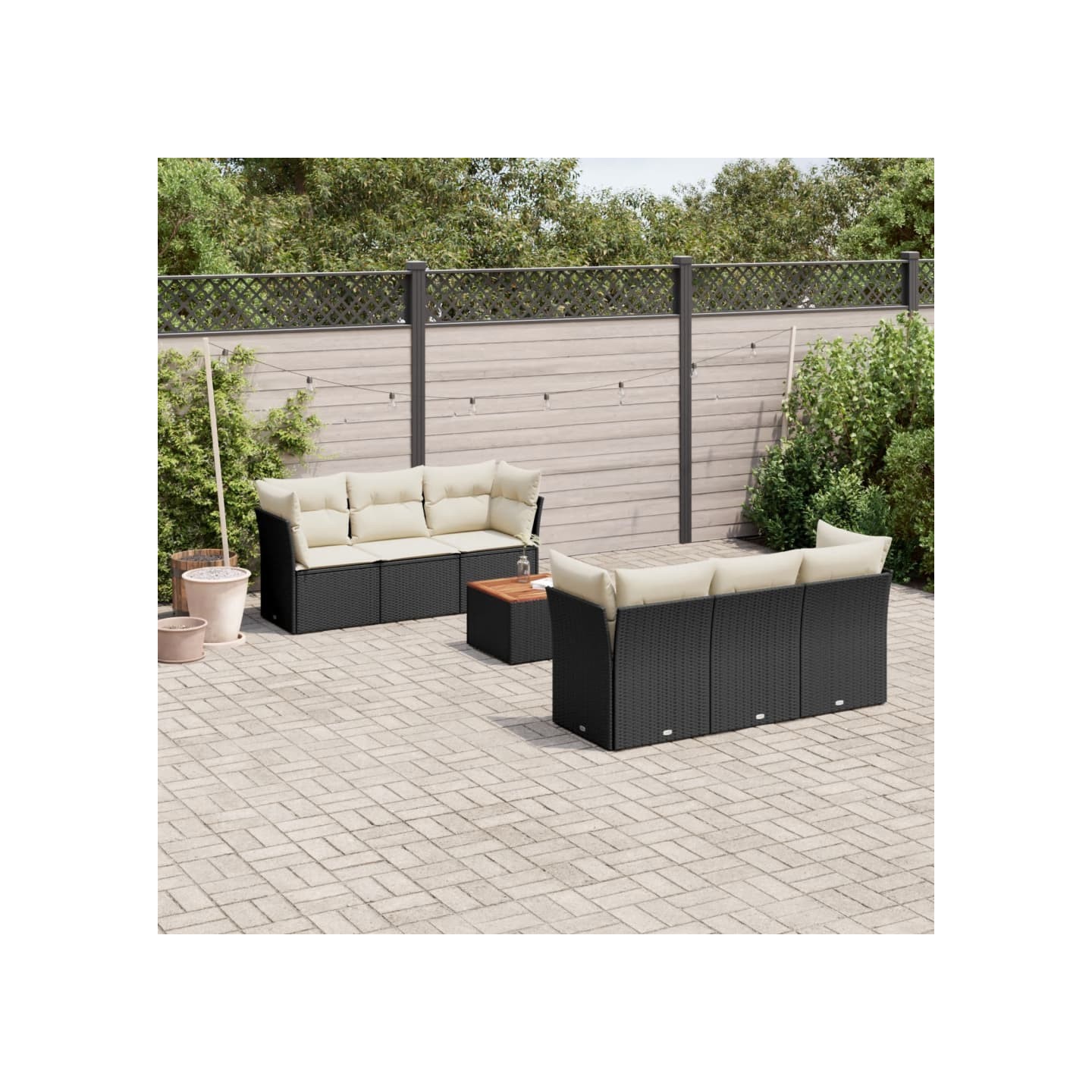 Salon de jardin 7 pcs avec coussins noir résine tressée