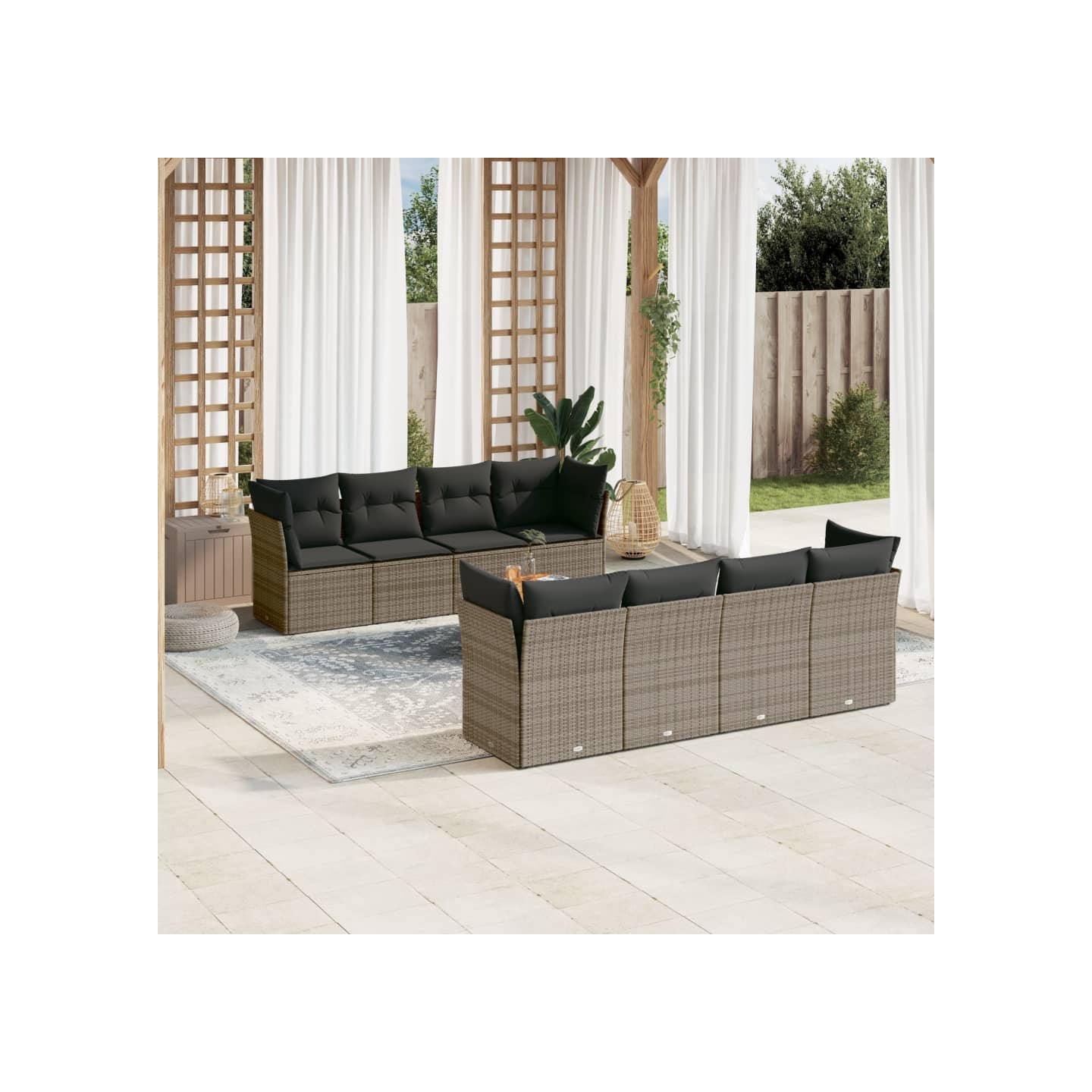 Salon de jardin 9 pcs avec coussins gris résine tressée
