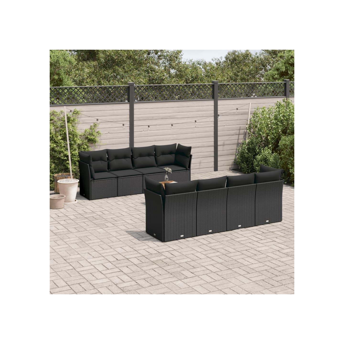 Salon de jardin 9 pcs avec coussins noir résine tressée