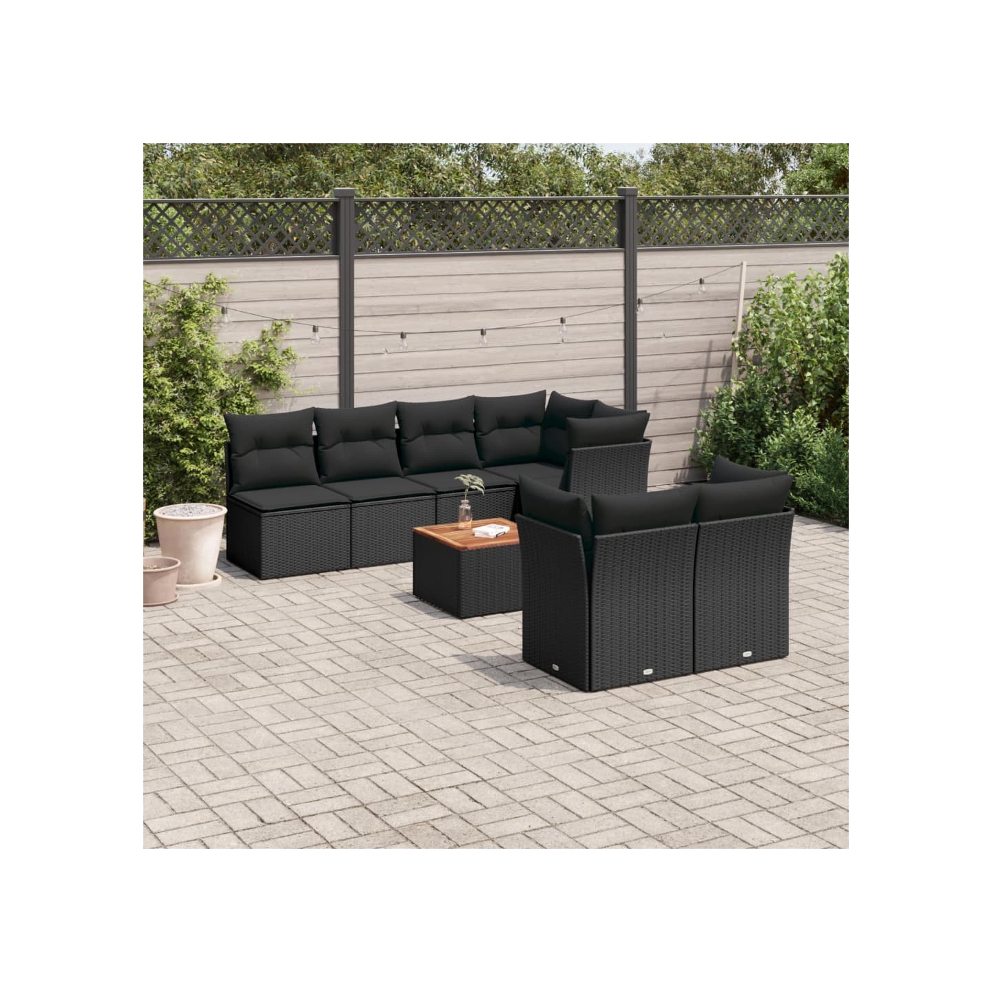 Salon de jardin 8 pcs avec coussins noir résine tressée
