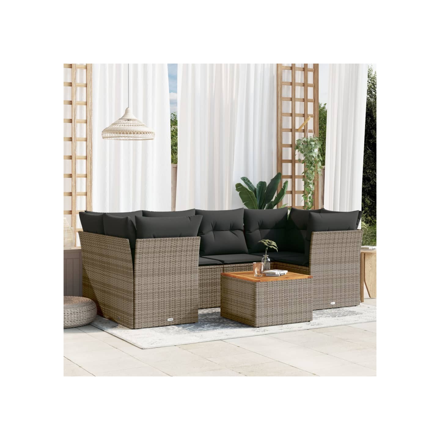 Salon de jardin avec coussins 7 pcs gris résine tressée