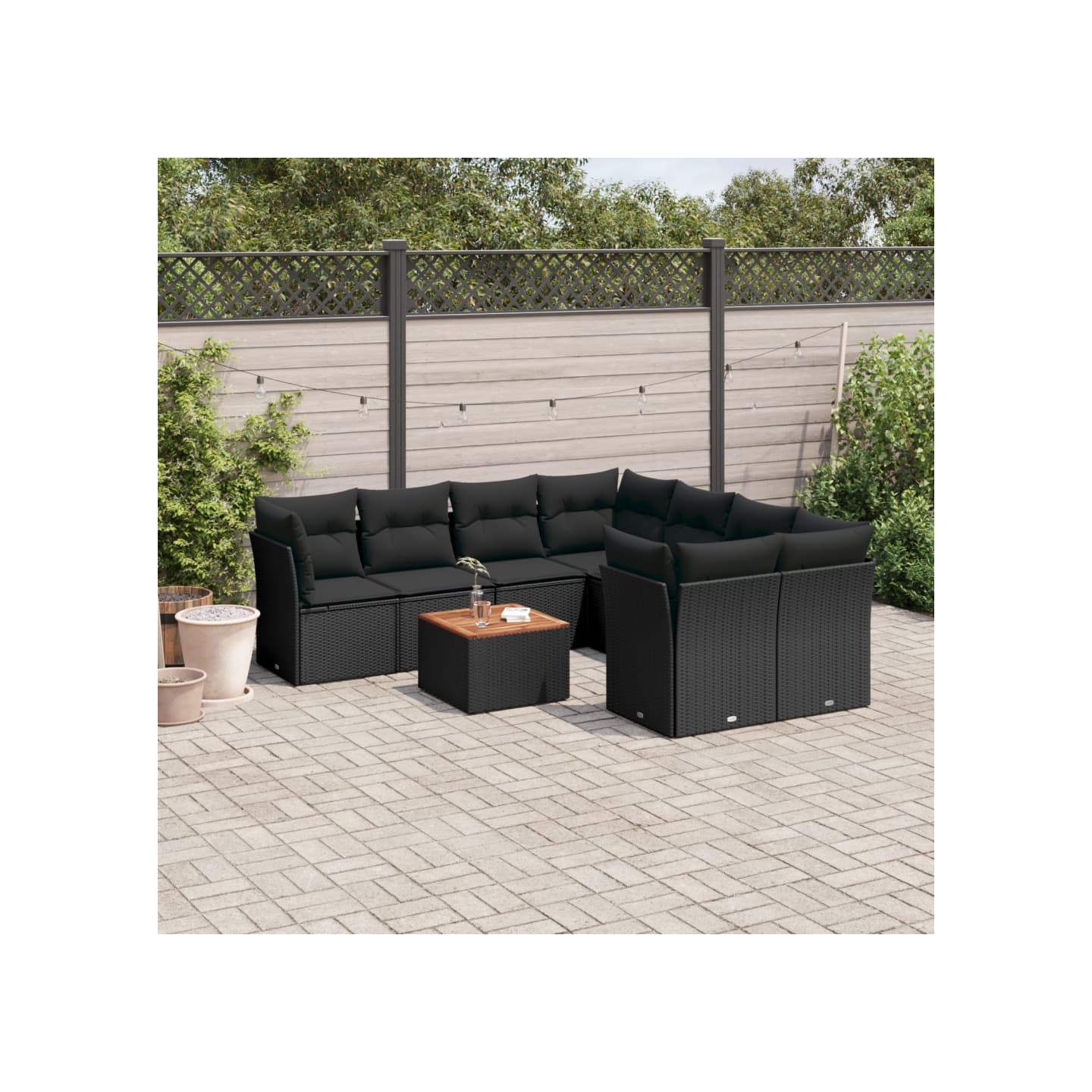 Salon de jardin 9 pcs avec coussins noir résine tressée