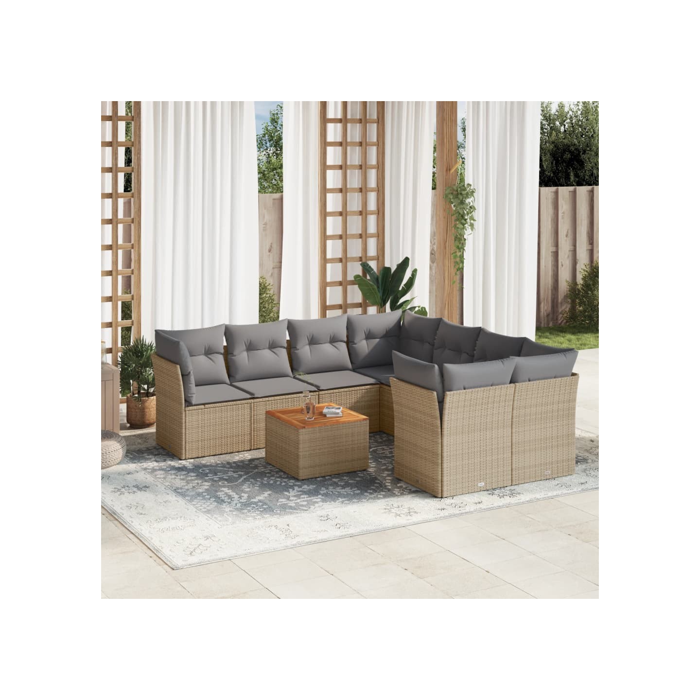 Salon de jardin avec coussins 9 pcs beige résine tressée