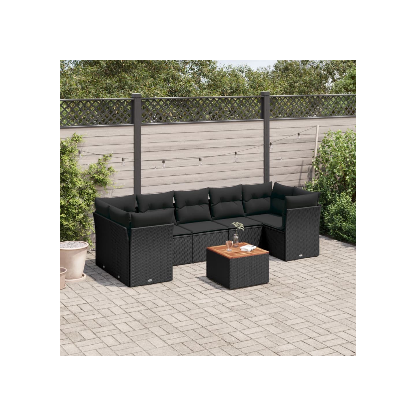 Salon de jardin 8 pcs avec coussins noir résine tressée