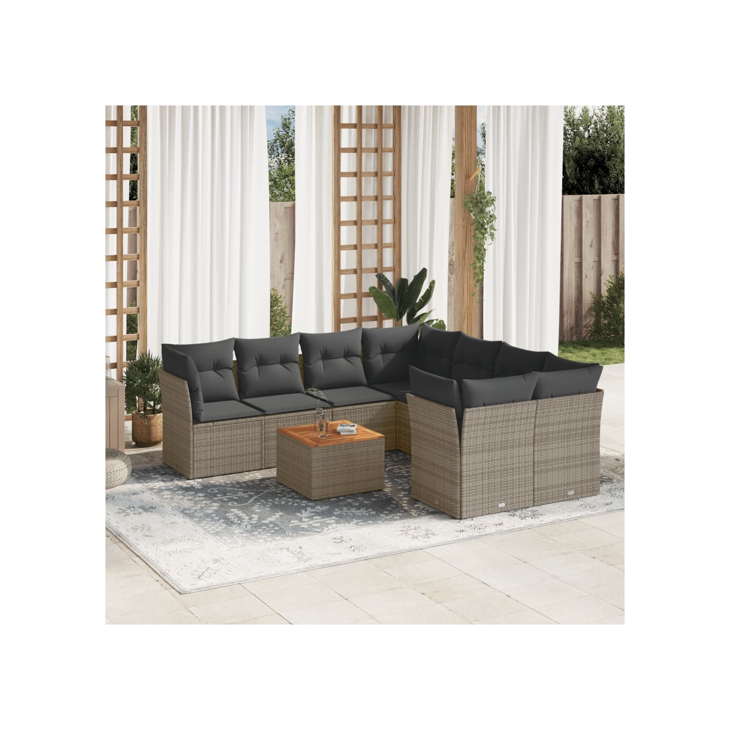 Salon de jardin 9 pcs avec coussins gris résine tressée