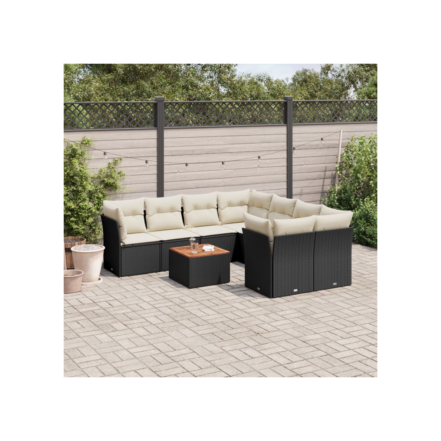 Salon de jardin 9 pcs avec coussins noir résine tressée